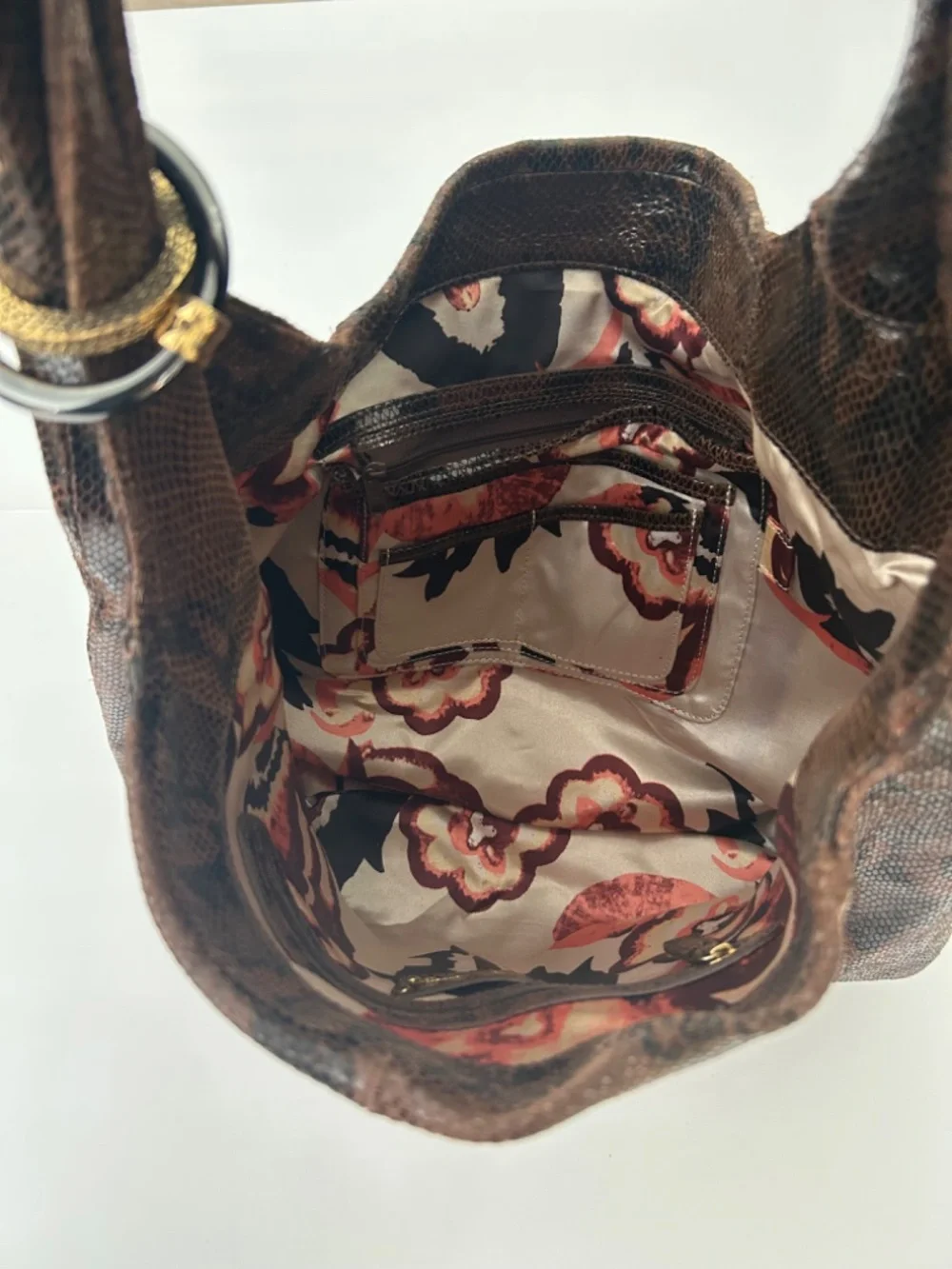 Kate Landry Leather Snake Print Large Hobo Handbag Black and Brown Boho Chic